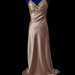 Lenovia Gold Satin Gown XS Sequins Bodice Long Formal Evening Prom Pageant Dress